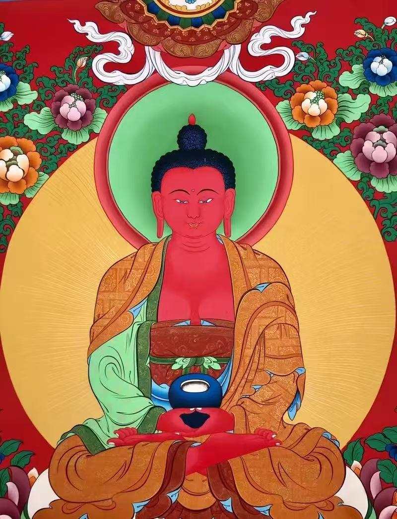 Amitabha Buddha seated in Sukhavati Pure Land surrounded by golden lotuses and bodhisattvas