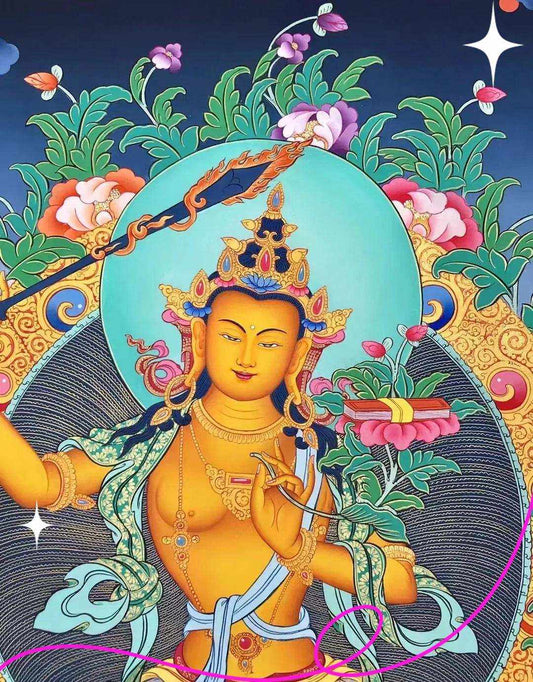 Manjushri Thangka with flaming sword and lotus, symbolizing wisdom and clarity