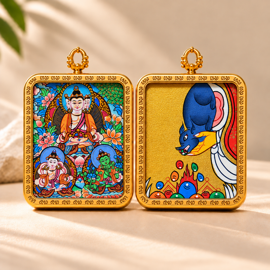 Hand-Painted Tibetan Double-Sided Thangka Pendant Necklace