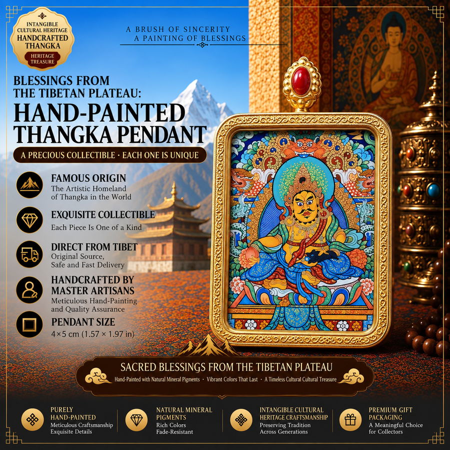 Yellow Jambhala Tibetan Thangka Pendant 