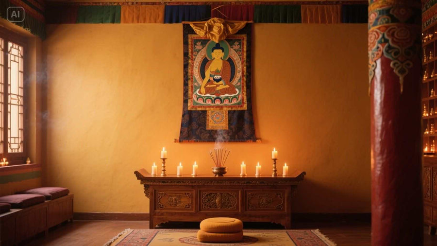 A serene meditation room with a Medicine Buddha thangka hanging above an altar, surrounded by candles and incense.