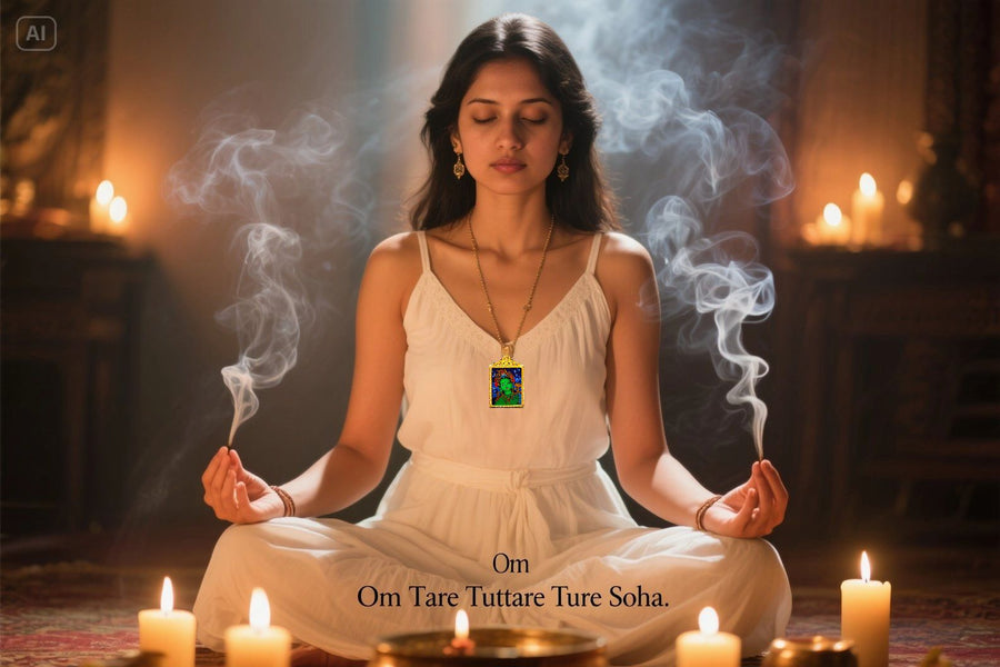 A woman meditating with a Green Tara pendant, surrounded by incense smoke and candlelight, softly chanting “Om Tare Tuttare Ture Soha.