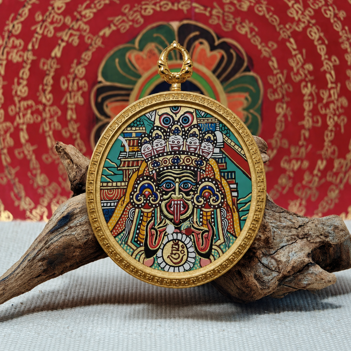 Round Zaki Lhamo hand-painted Tibetan Thangka pendant
