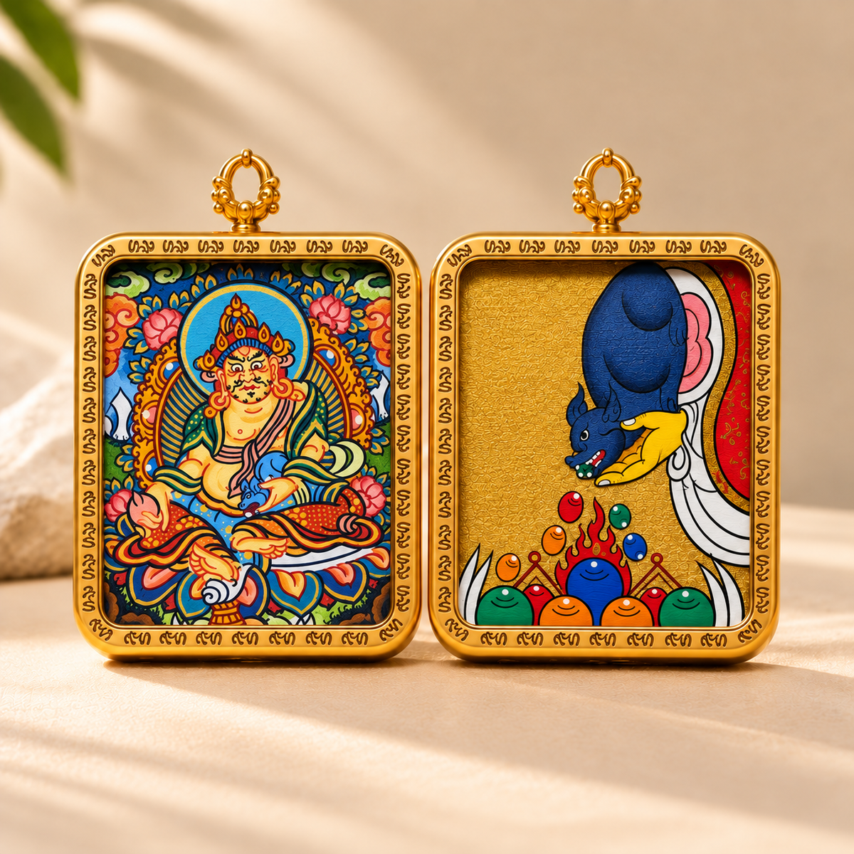 Double-sided  Yellow Jambhala Tibetan Thangka pendant Necklace