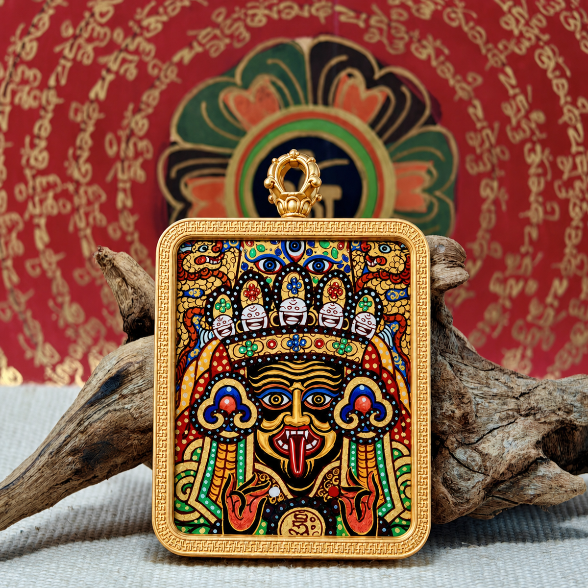 Rectangular hand-painted Zaki Lhamo Tibetan Thangka pendant