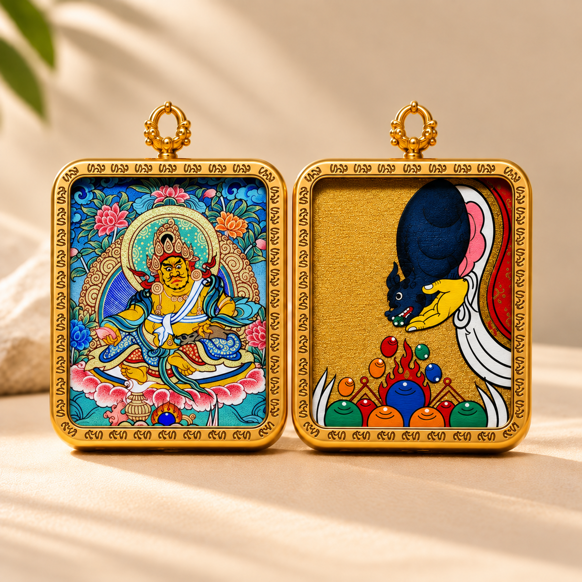 Double-sided  Yellow Jambhala Tibetan Thangka pendant Necklace