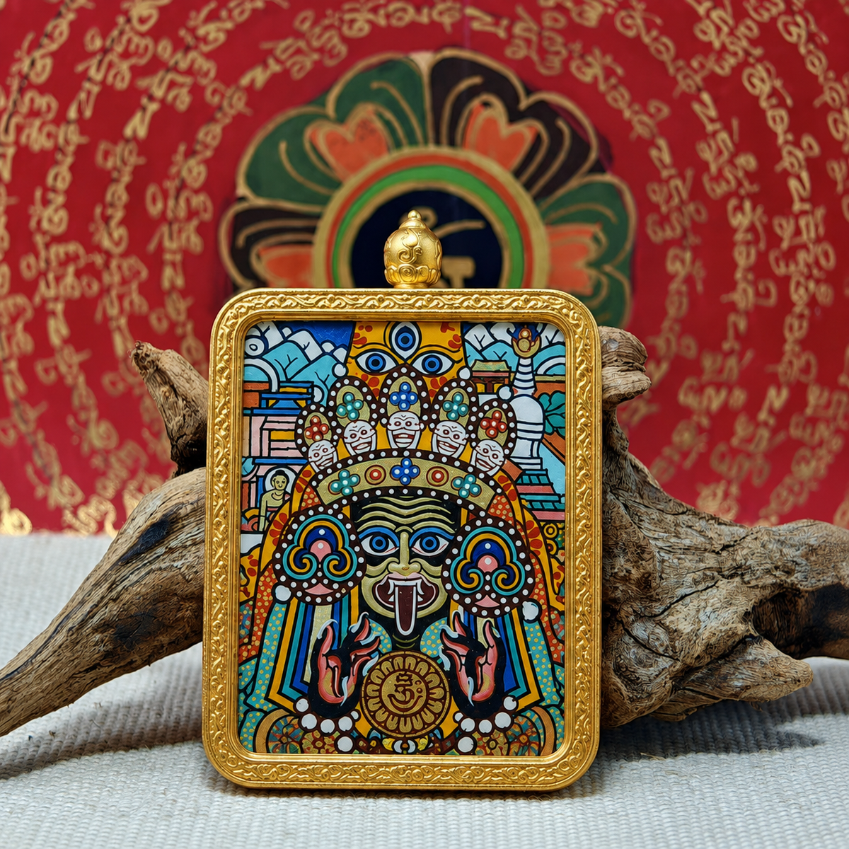 Colorful Zaki Lhamo miniature Thangka with traditional facial imagery