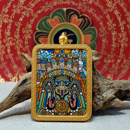 Colorful Zaki Lhamo miniature Thangka with traditional facial imagery