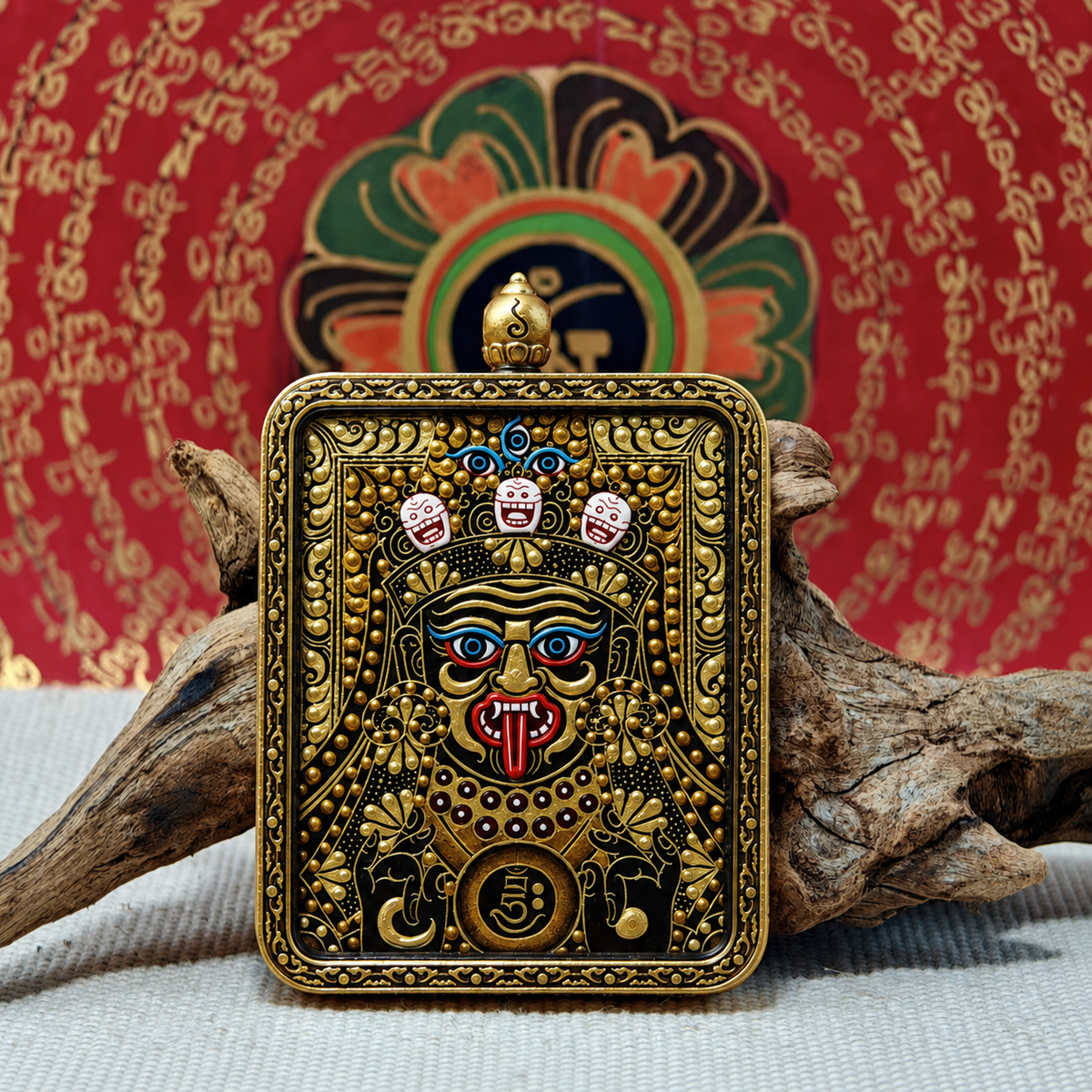 Black and gold Zaki Lhamo miniature Tibetan Thangka pendant