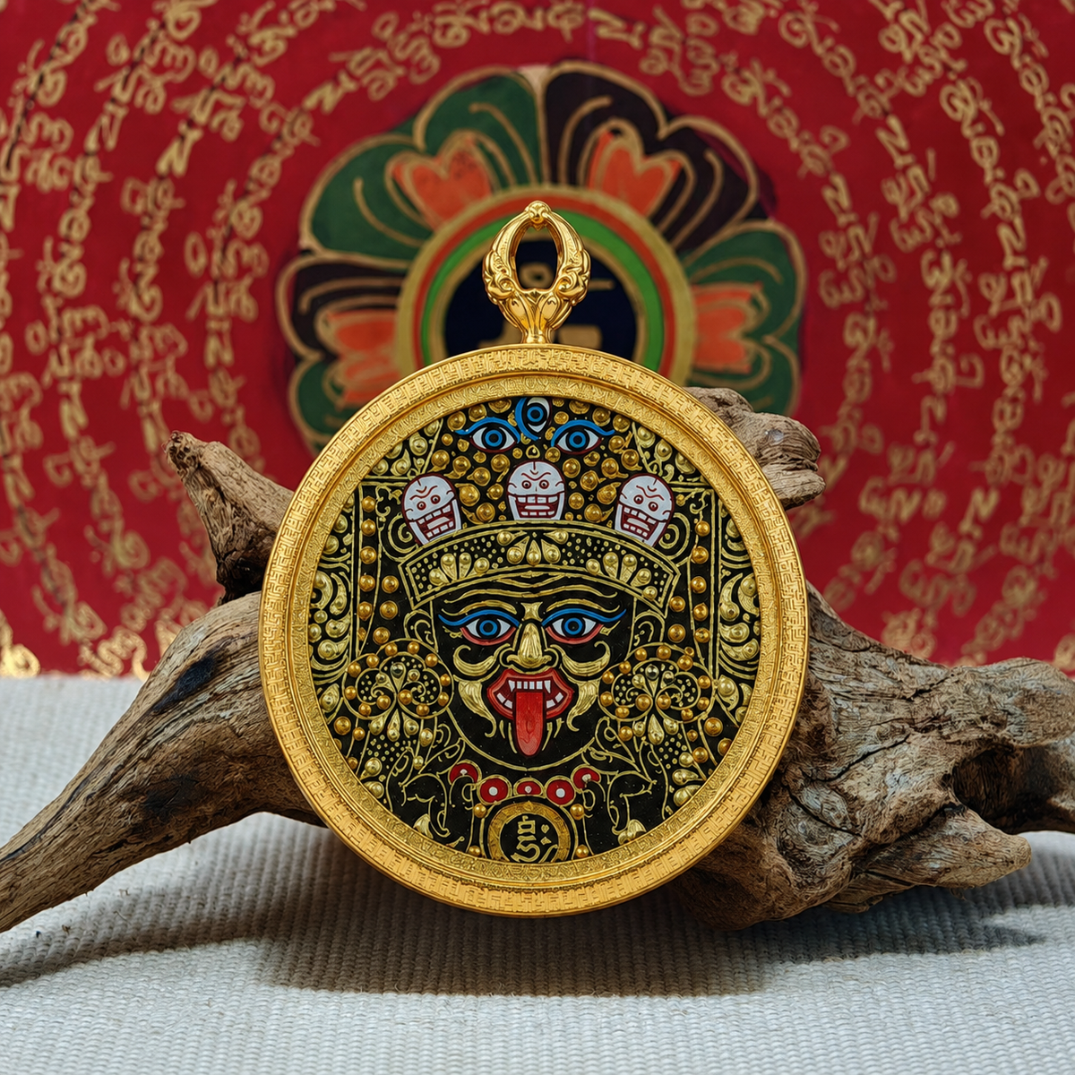 Round Zaki Lhamo hand-painted Tibetan Thangka pendant necklace