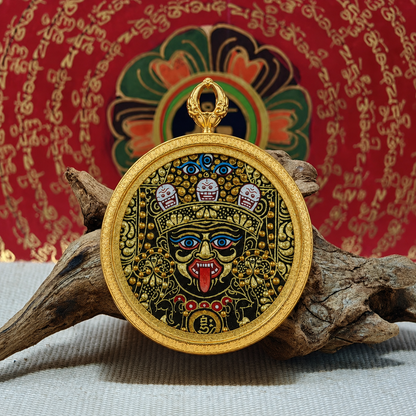 Round Zaki Lhamo hand-painted Tibetan Thangka pendant necklace
