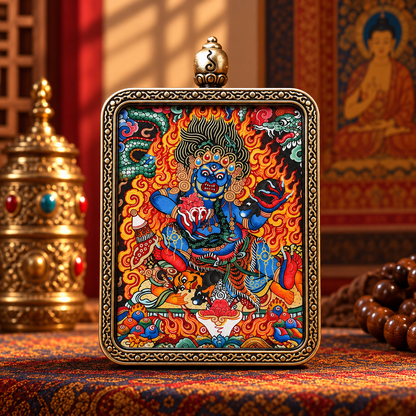 Black Jambhala  Thangka surrounded by wrathful flame imagery