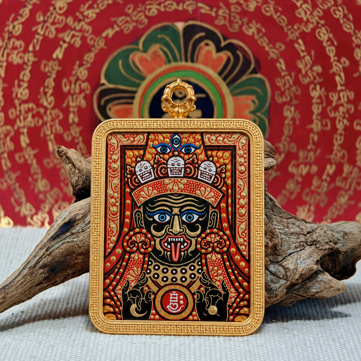 Zaki Lhamo Thangka pendant with detailed dark face and jeweled crown