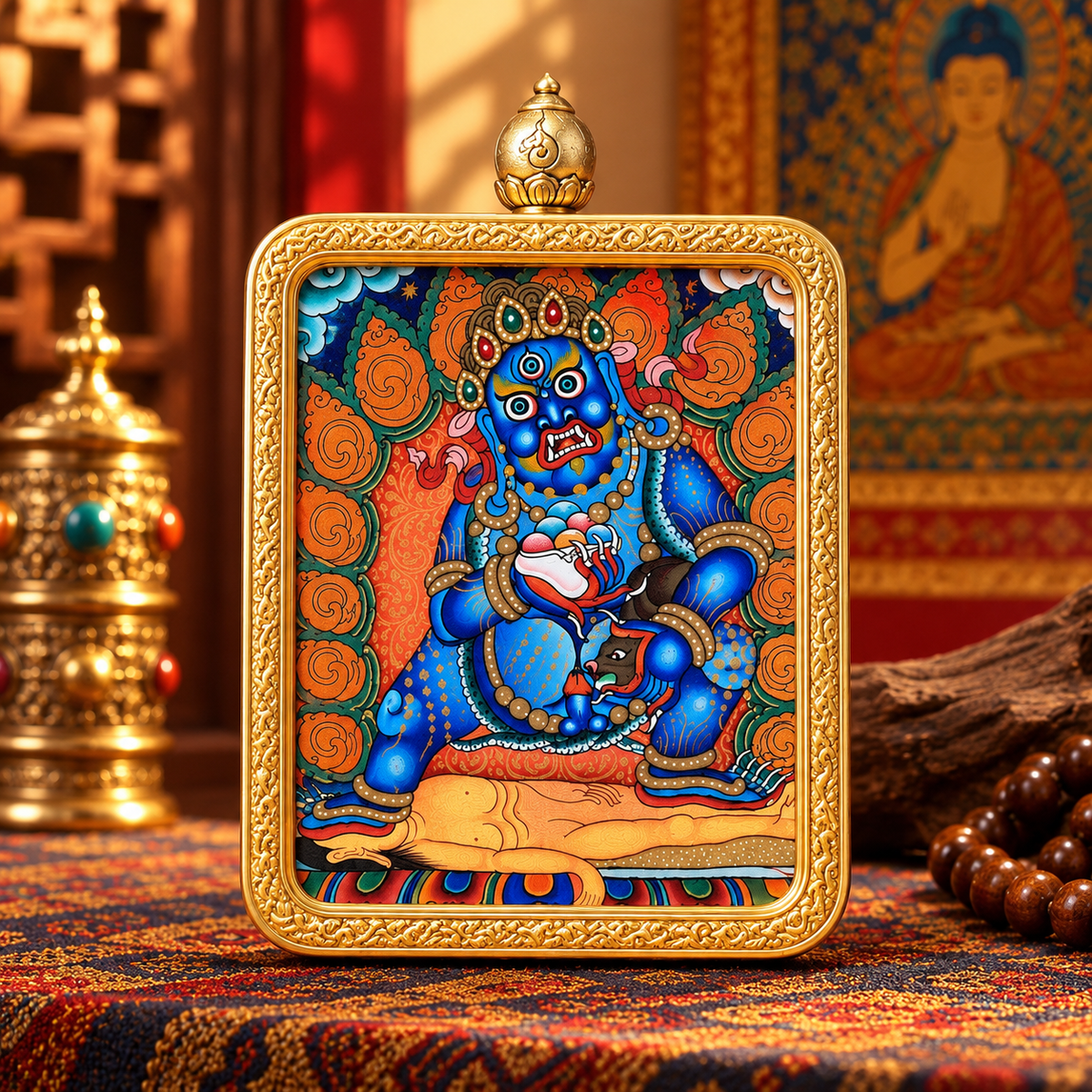 Standing Black Jambhala in a hand-painted Tibetan Thangka pendant
