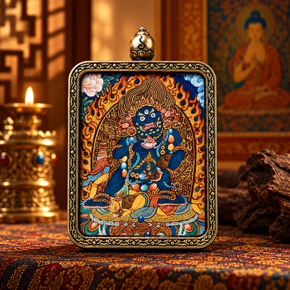 Black Jambhala Buddhist wealth deity in Tibetan Thangka art