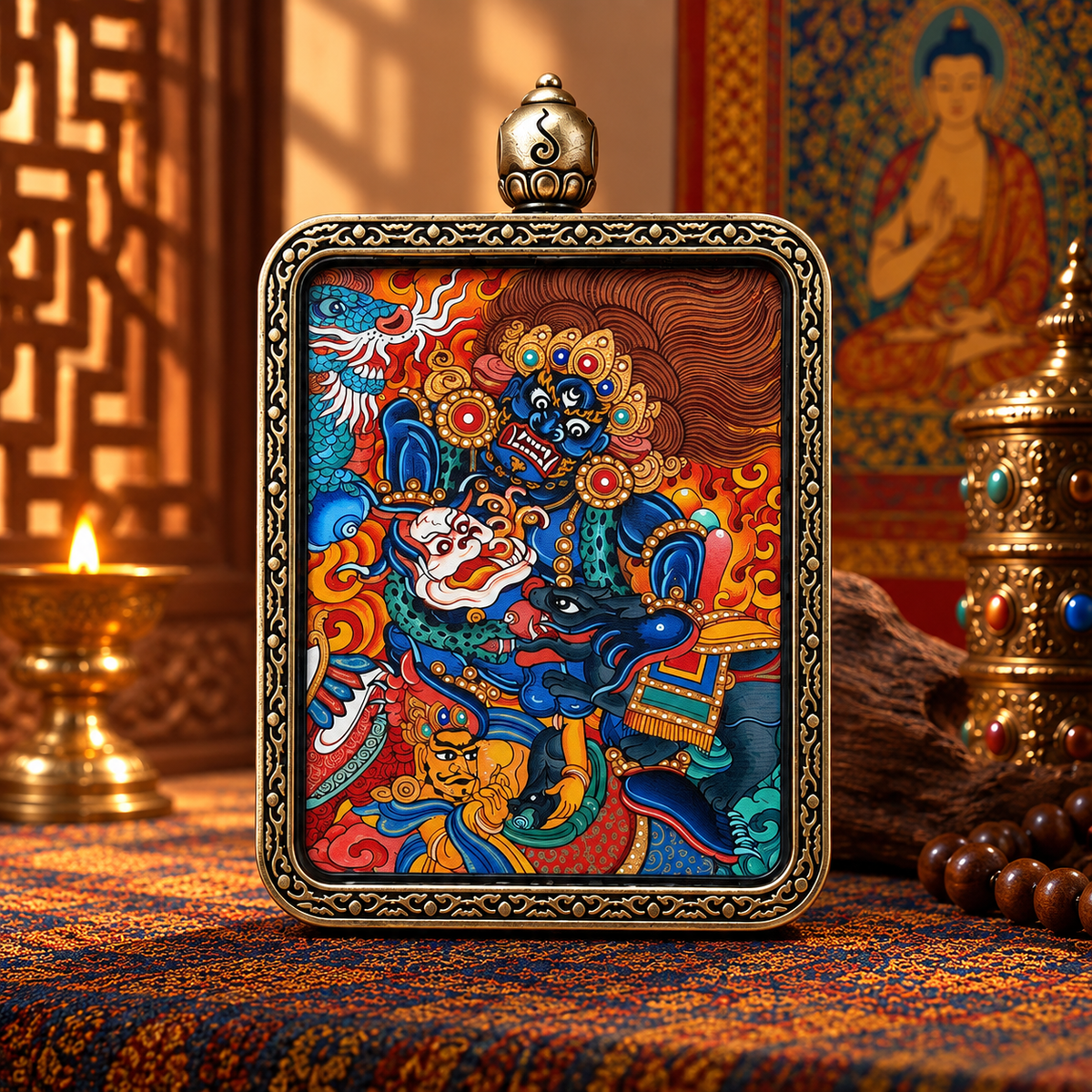 Black Jambhala Thangka with detailed surrounding Buddhist figures