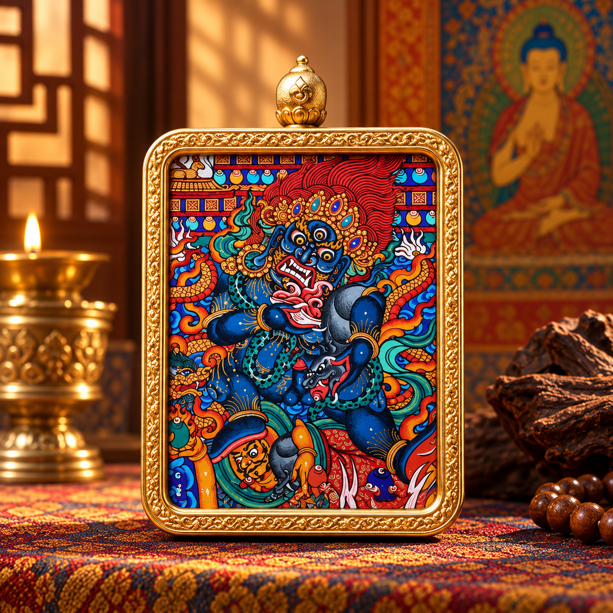 Close-up of hand-painted Black Jambhala Thangka details