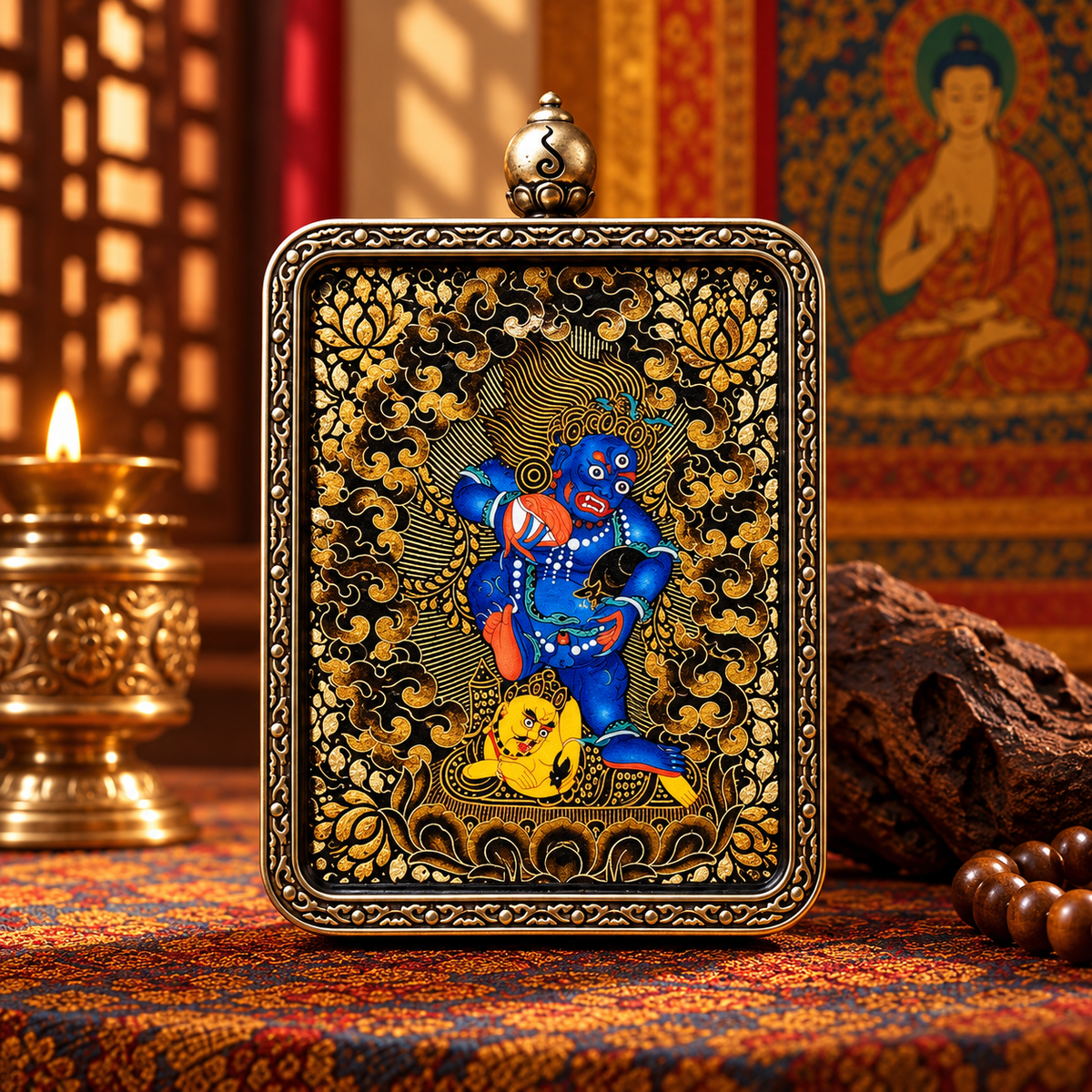 Black Jambhala Thangka pendant  with intricate black and gold artwork