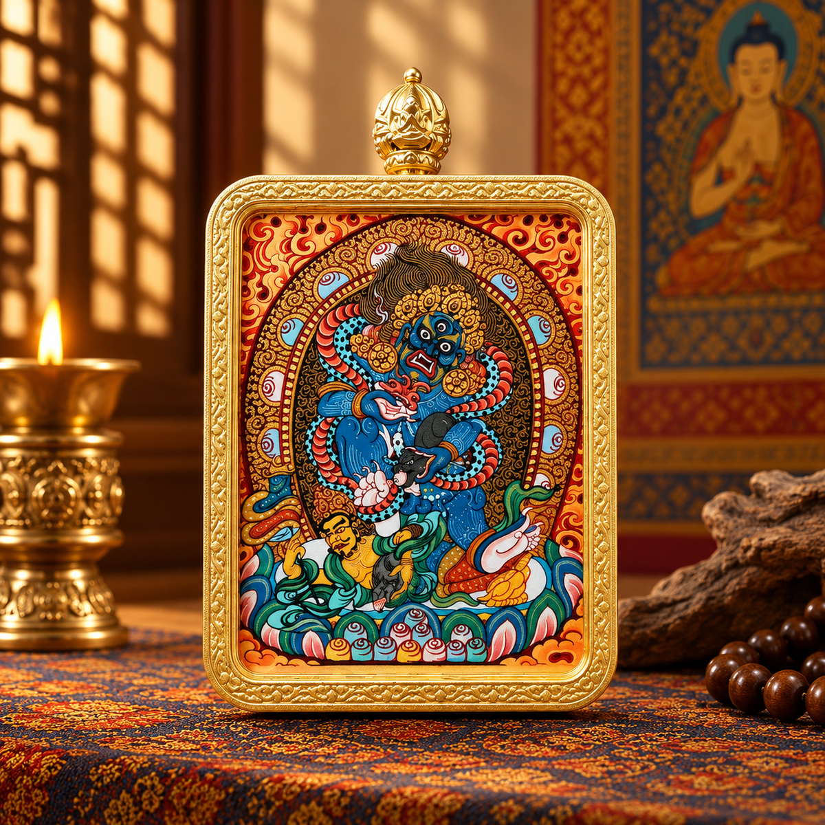 Hand-painted Black Jambhala Tibetan Thangka pendant