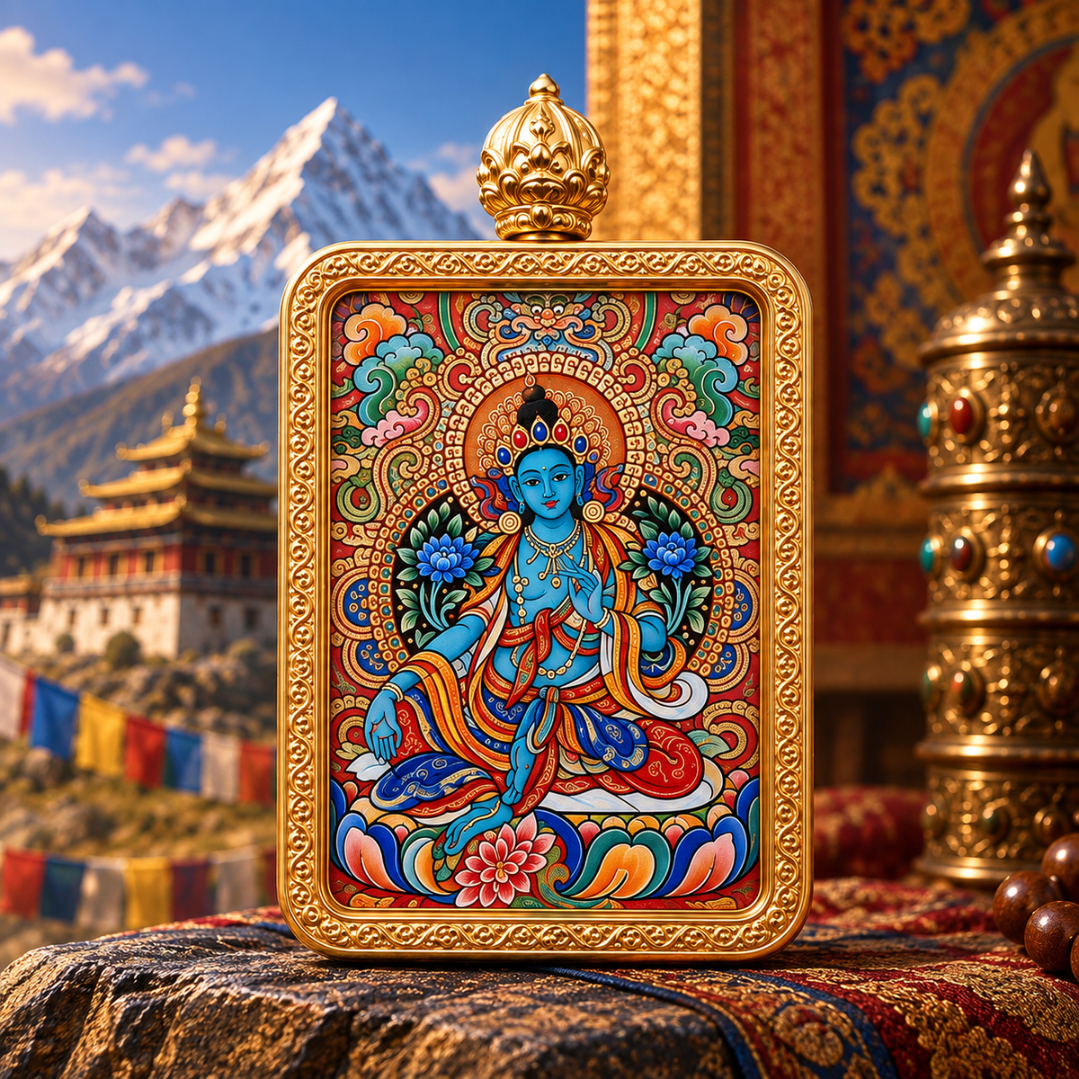 Hand-painted Green Tara with lotus flowers in Tibetan Buddhist art