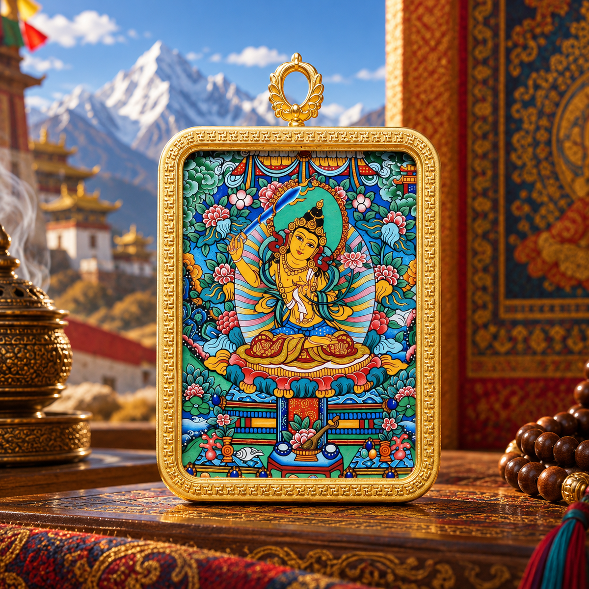 Lion-Riding Manjushri Hand-Painted Thangka Pendant