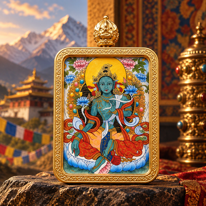 Green Tara Hand-Painted Thangka Pendant Necklace – For Protection & Compassion