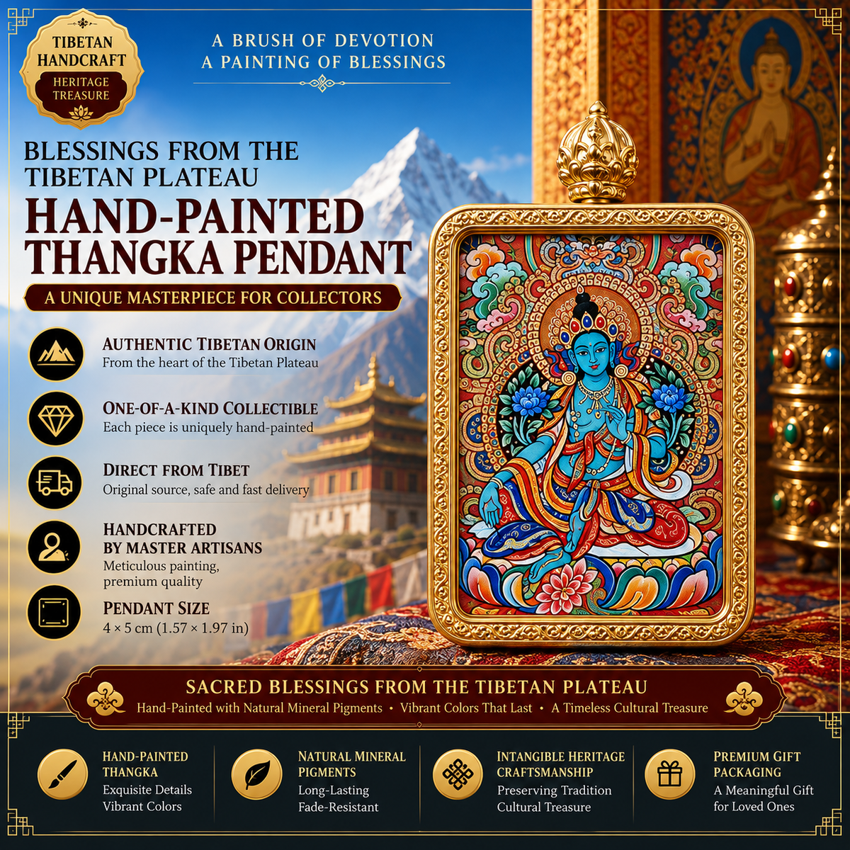 Green Tara Hand-Painted Thangka Pendant Necklace – For Protection & Compassion
