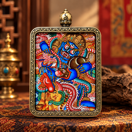 Hand-painted Black Jambhala Tibetan Thangka pendant