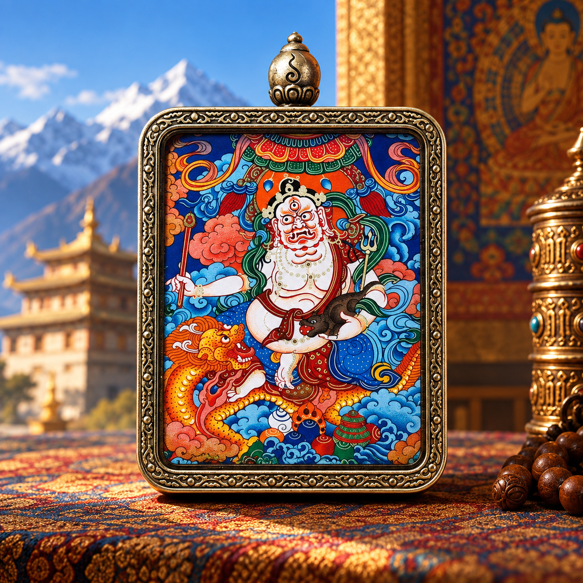Hand-painted White Jambhala Tibetan Thangka pendant