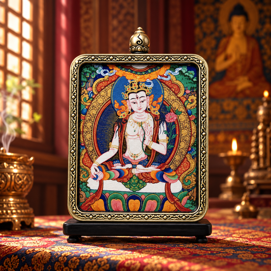 Hand-painted White Tara Thangka with colorful lotus and halo details