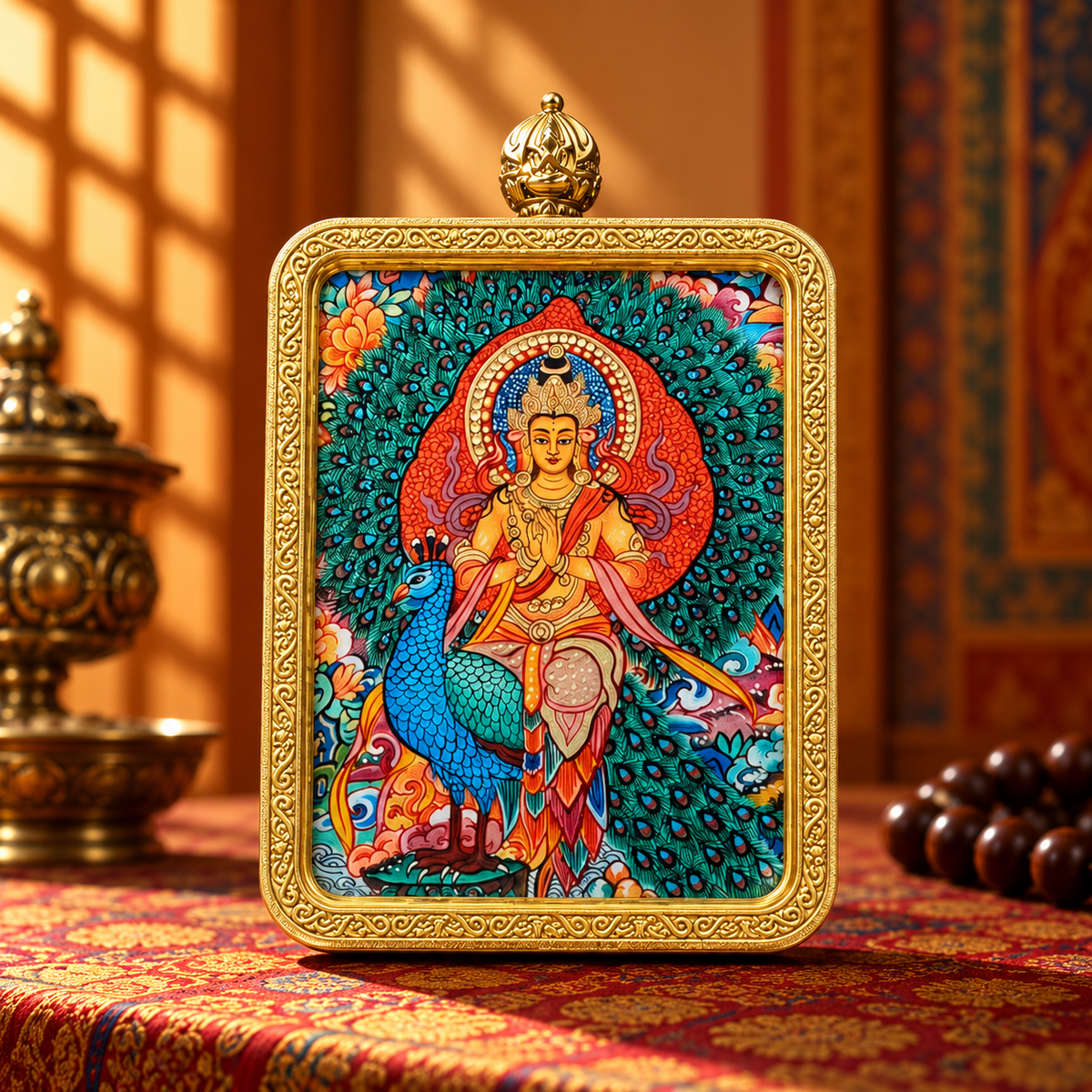 Mahamayuri (Great Peacock) Thangka Pendant Necklace