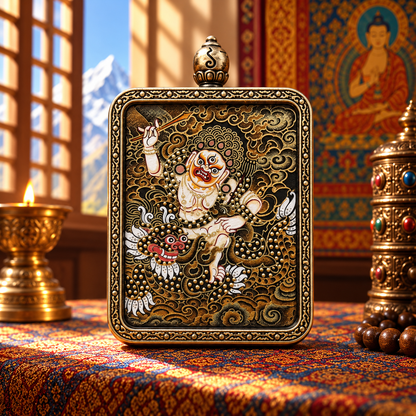 White Jambhala miniature Thangka with intricate black and gold Buddhist artwork