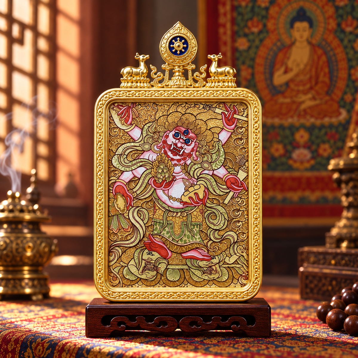 White Six-Armed Mahakala Tibetan Thangka Pendant