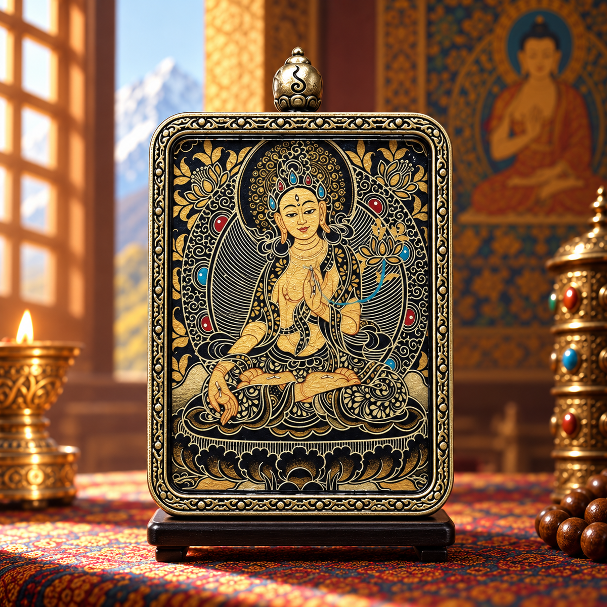 White Tara miniature Thangka with intricate black and gold Buddhist artwork