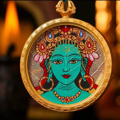 Tibetan Hand-Painted Green Tara Thangka Pendant Necklace — Round Bodhi Leaf Amulet