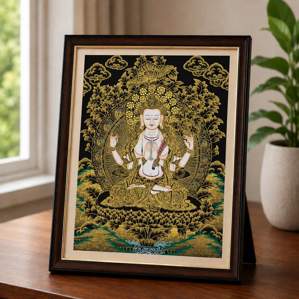 Hand-Painted Tibetan Tabletop Thangka – Framed Buddhist Art for Desk, Altar & Shelf