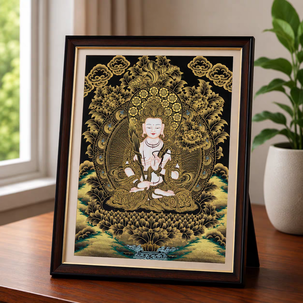 Hand-Painted Tibetan Tabletop Thangka – Framed Buddhist Art for Desk, Altar & Shelf