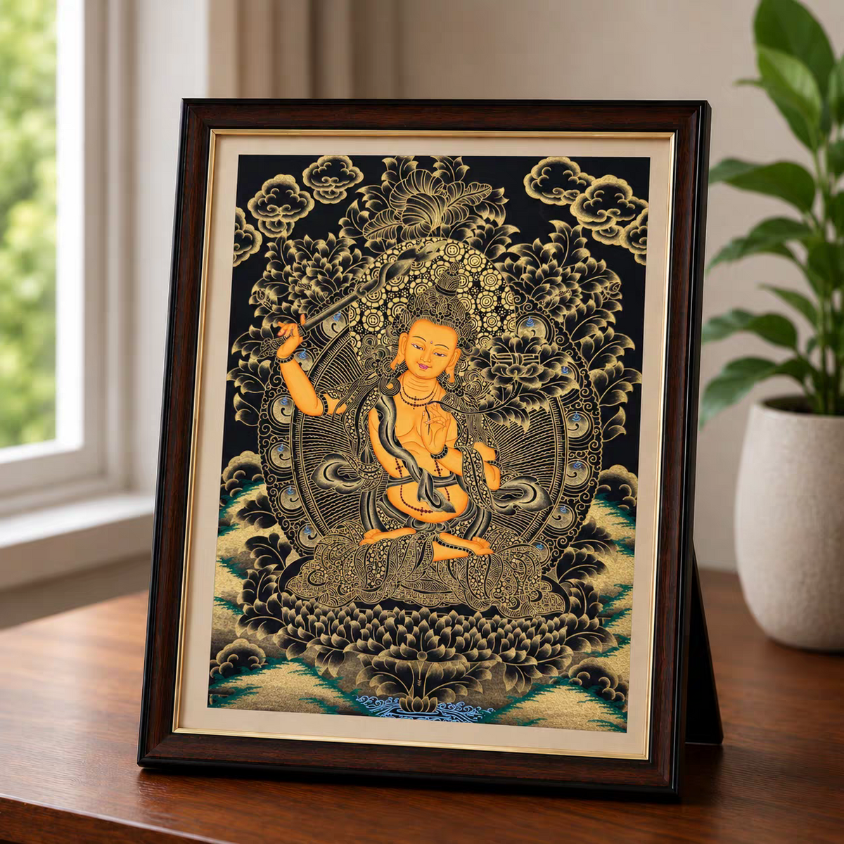 Hand-Painted Tibetan Tabletop Thangka – Framed Buddhist Art for Desk, Altar & Shelf