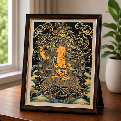 Hand-Painted Tibetan Tabletop Thangka – Framed Buddhist Art for Desk, Altar & Shelf