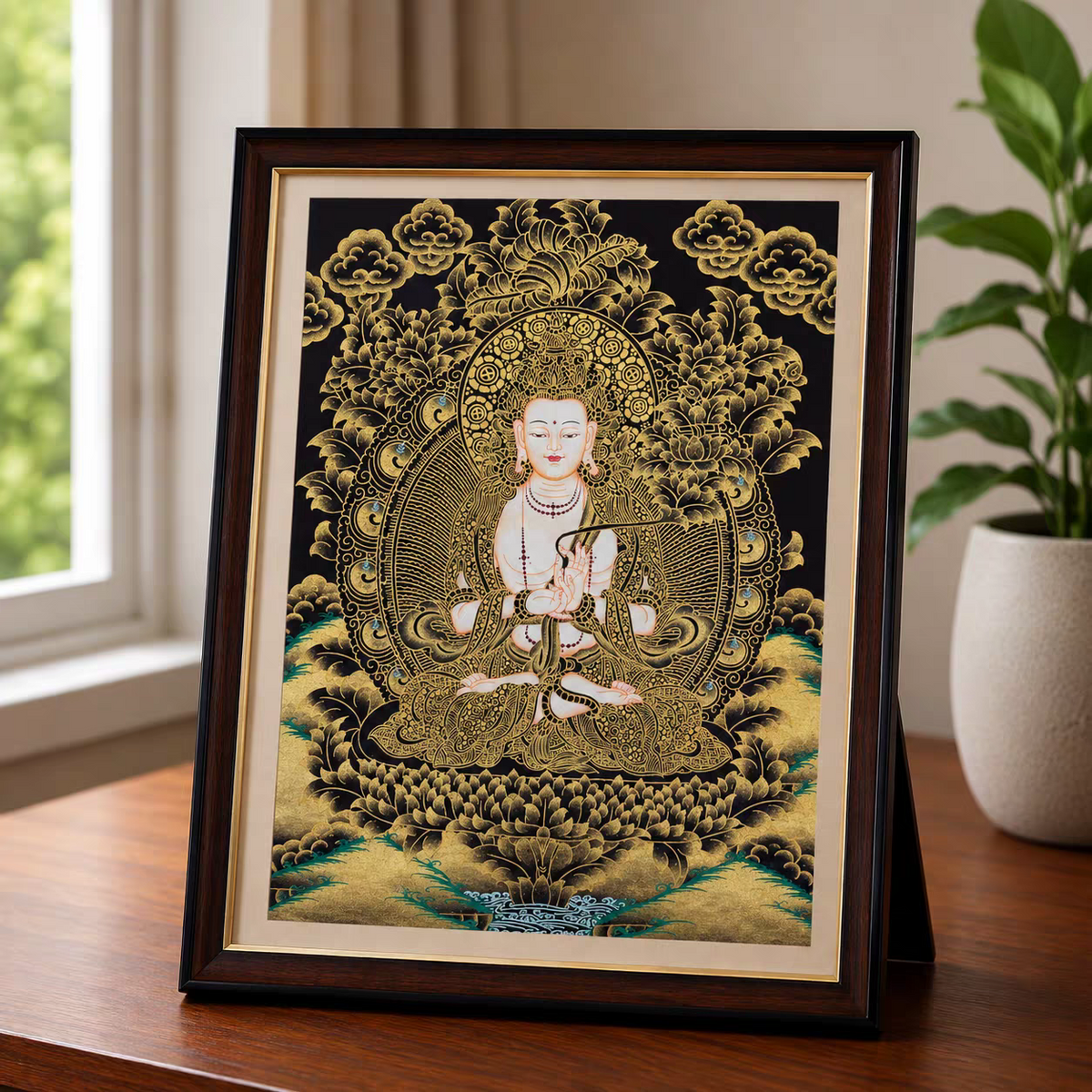 Hand-Painted Tibetan Tabletop Thangka – Framed Buddhist Art for Desk, Altar & Shelf