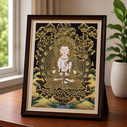 Hand-Painted Tibetan Tabletop Thangka – Framed Buddhist Art for Desk, Altar & Shelf