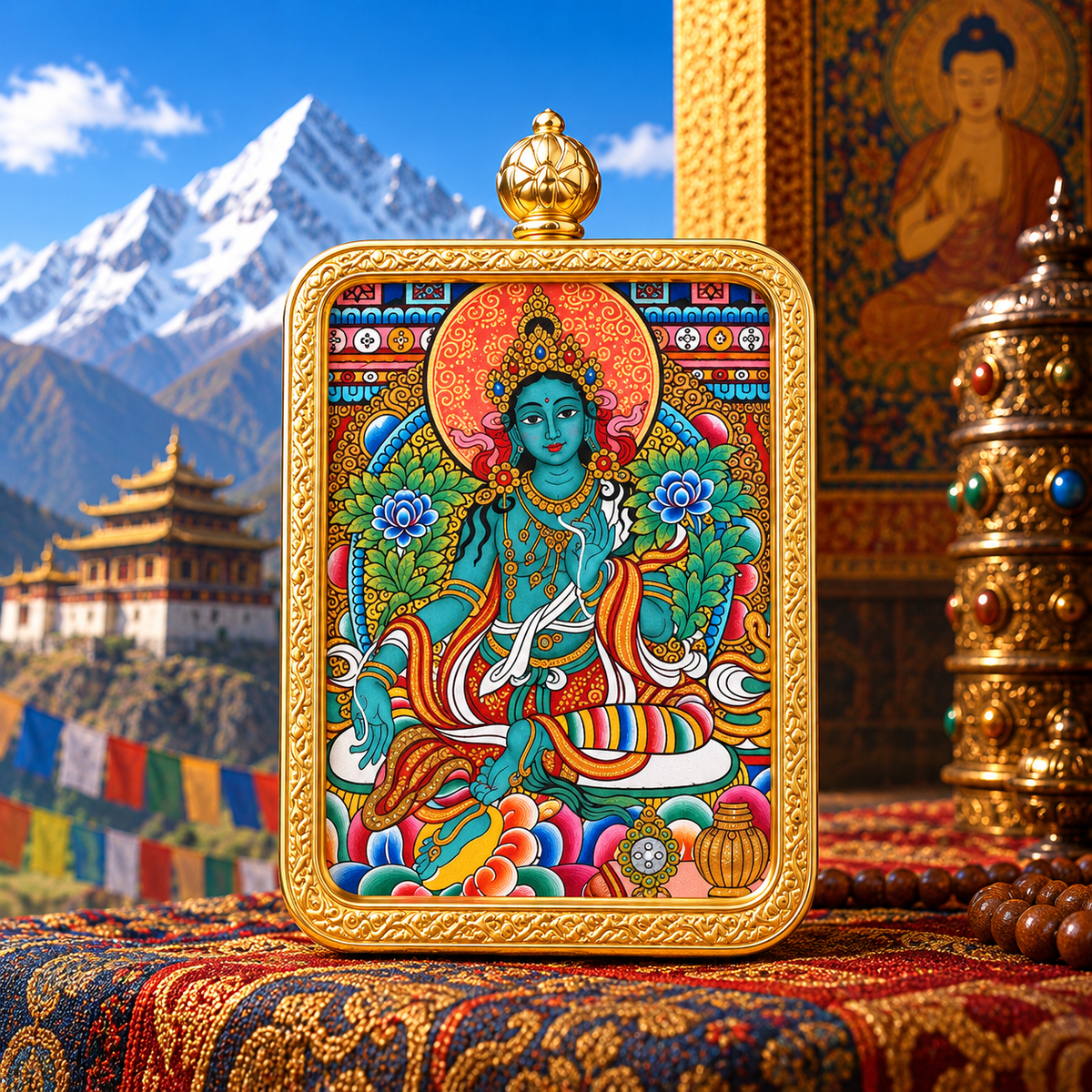 Green Tara Hand-Painted Thangka Pendant Necklace – For Protection & Compassion