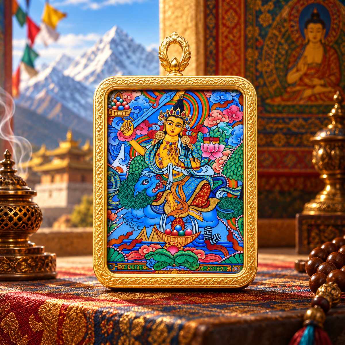 Manjushri riding a lion in hand-painted Tibetan Buddhist Thangka art