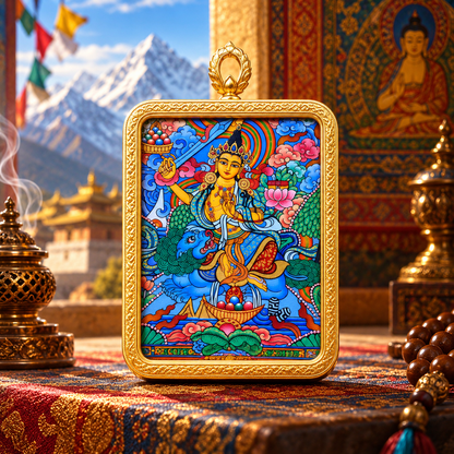 Manjushri riding a lion in hand-painted Tibetan Buddhist Thangka art