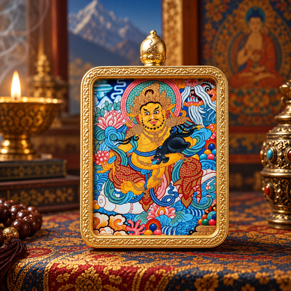 Yellow Jambhala Buddhist wealth deity in miniature Thangka art
