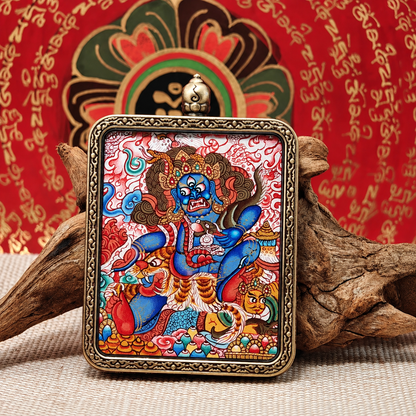 Black Jambhala wrathful Buddhist wealth deity in Tibetan Thangka art
