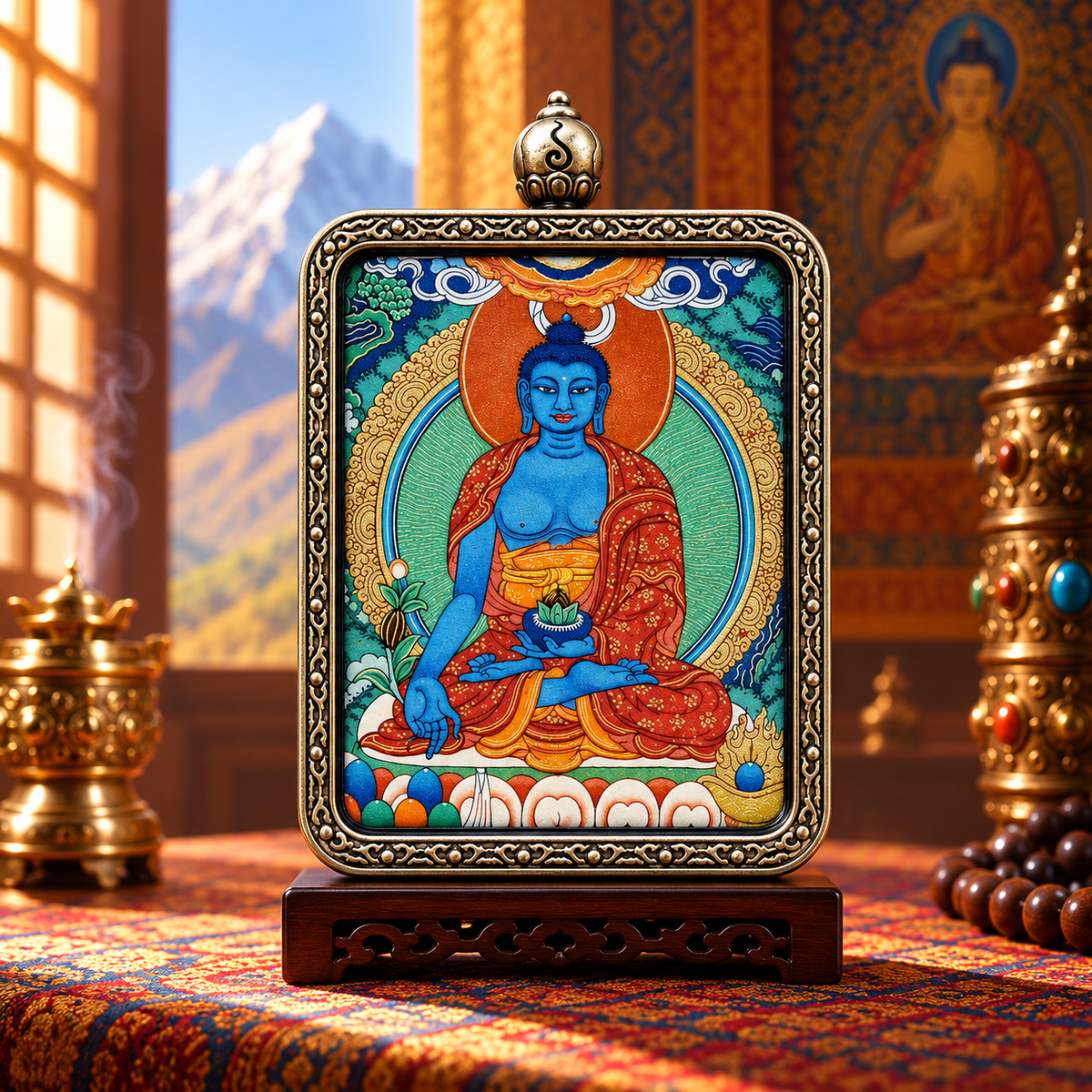 Blue Medicine Buddha Bhaisajyaguru in hand-painted Tibetan Thangka art