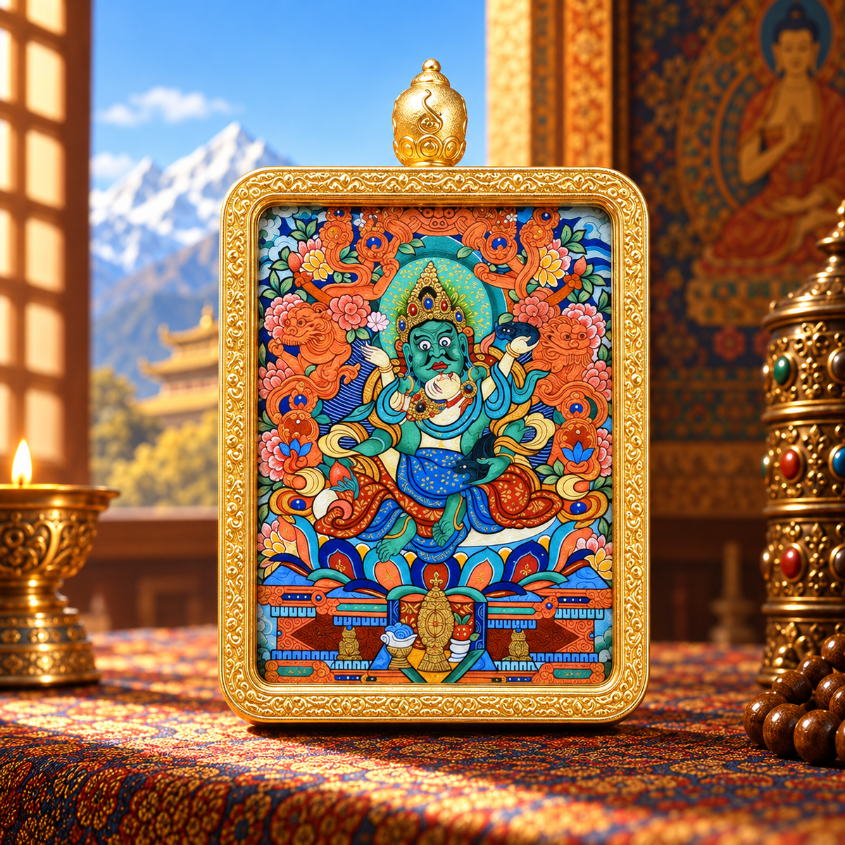 Green Jambhala Buddhist wealth deity in hand-painted Tibetan Thangka art