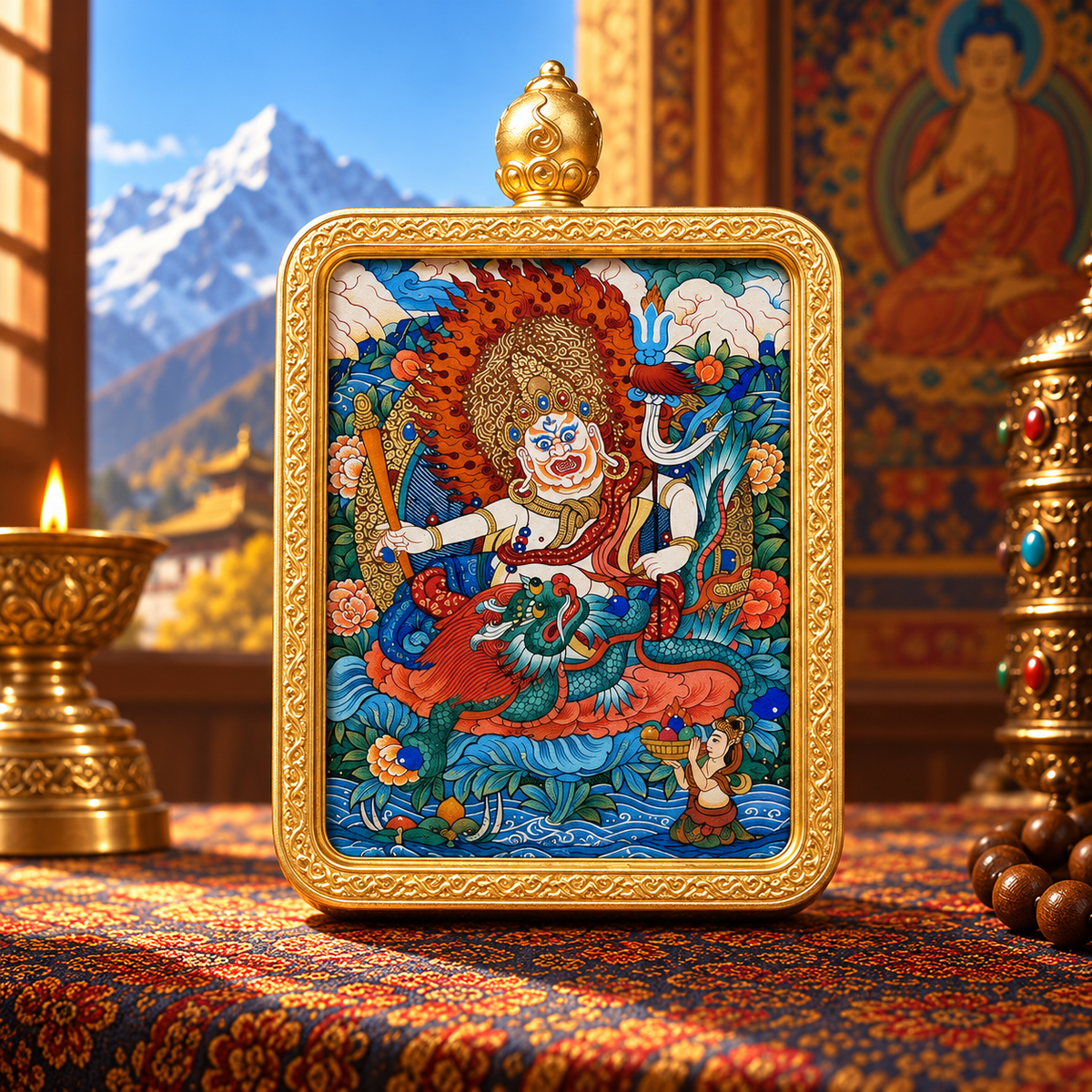 Hand-painted White Jambhala Thangka with colorful wrathful Buddhist imagery