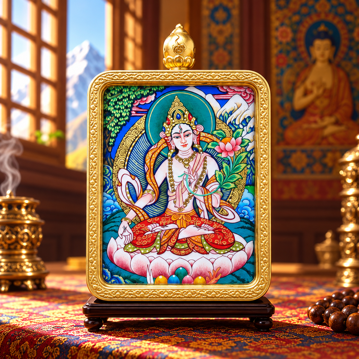 Hand-painted White Tara Tibetan Thangka pendant